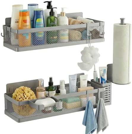 PUSDON 5-in-1 16.5" Extra Long Slim Wall Mount Wrapped Mesh Kitchen Organizer & Shower Caddy Kit, with Paper Towel Holder, Utensil Holder, Soap Dish, Holds 50LBS - Silver Gray, Netting - Image 5