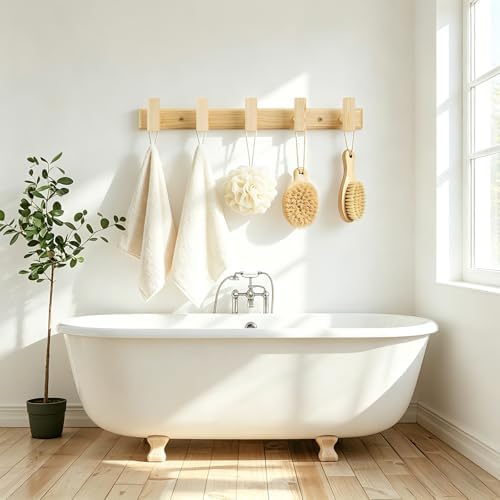 Coat Rack Wall Mount-5 Hooks, Wood Hook Rail for Towel Coat Hat Purse Bag Jacket, Towel Racks for Entryway Bathroom Kitchen Organizer Essential - Image 5