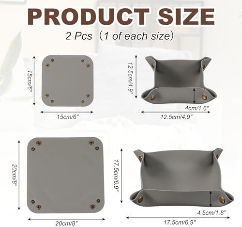 uxcell 2 Pcs Valet Tray for Women and Men, PU Leather Jewelry Tray Entryway Table Bedside Nightstand Catchall Storage Organizer for Jewelry Key Coin Watch Wallet(Square, Light Gray) - Image 2