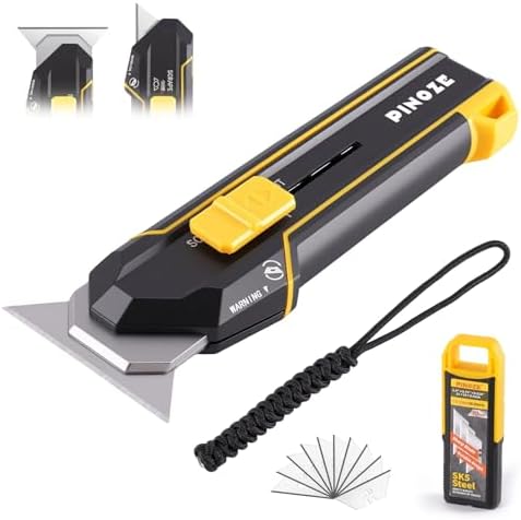PINOZE Utility Knife Scraper, 3-in-1 Retractable Box Cutter with Lanyard & Blade Storage, Heavy Duty Zinc Alloy Multi-functional Knife with 10pcs SK2 Blades, EDC Tool for Home, Office, DIY by Unknown