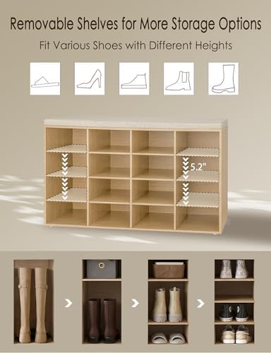 DINZI LVJ Shoe Storage Bench with Cushion, 16-Cubby Shoe Rack with Seat - Image 5