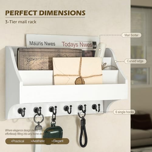 Rebee Vision Mail Organizer Wall Mounted with 6 Key Hooks for Office, White - Image 4