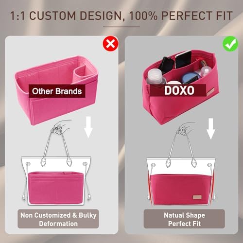 Doxo Purse Organizer Insert for Handbags & Base Shaper 2pc Set, Felt Neverfull PM Organizer Insert, Tote Bag Organizer with Zipper Pocket and Bottle Holder, Fit Neverfull PM and More, Rose-M - Image 5
