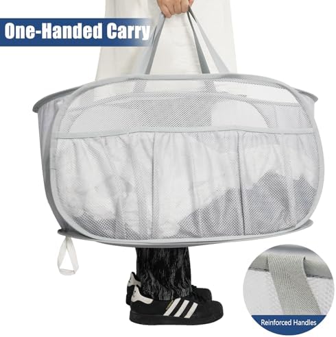 Collapsible Laundry Baskets, Upgrade Pop Up Laundry Hamper with Convenient Bags, Foldable Laundry Basket Mesh Light Weight, Easy to Carry Clothes Hampers for Laundry, Dorm, Toys, Travel Grey - Image 6