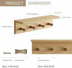 Small Entryway Shelf with Hooks, Wall Mounted Coat Rack with Shelf for Small Spaces, Wooden Floating Wall Organizer for Entryway, Mudroom, Nursery, Bathroom & Kitchen (Oak Finish) - Image 2