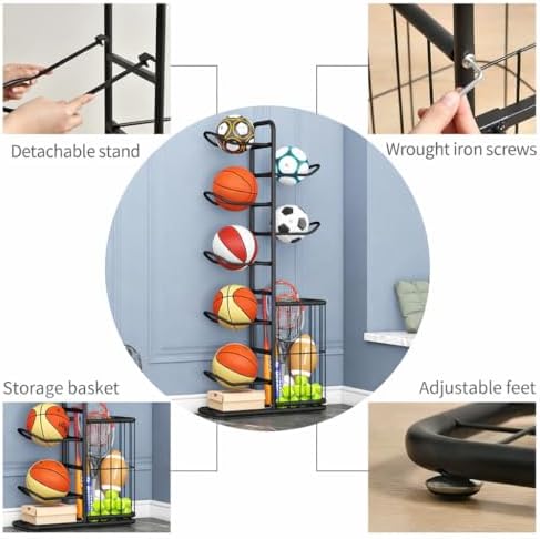 7-Ball Sports Equipment Storage Rack with Ball Holder, Ideal for Garage or Indoor Use - Organize Toys, Sports Gear and More, 57.5" (Black) - Image 3