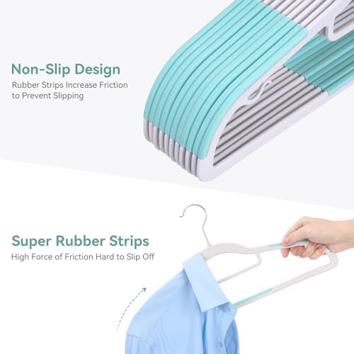 Tonswachic Pack of 30 Coat Hangers, Space-Saving Plastic Clothes Hangers, Non-Slip, 0.2 Inches Slim, 360° Swivel Silver Hook for Shirts, Pants, Suit & Wet/Dry Garments, Blue and White - Image 3