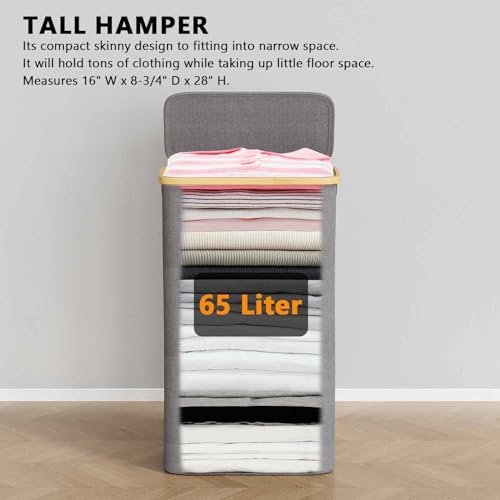 SpaceAid Slim Laundry Hamper with Lid, 65L Narrow Clothes Basket Bin with Bamboo Handles, Skinny Tall Collapsible Hamper for Bedroom, Bathroom, Dorm, Laundry Room - Grey - Image 2