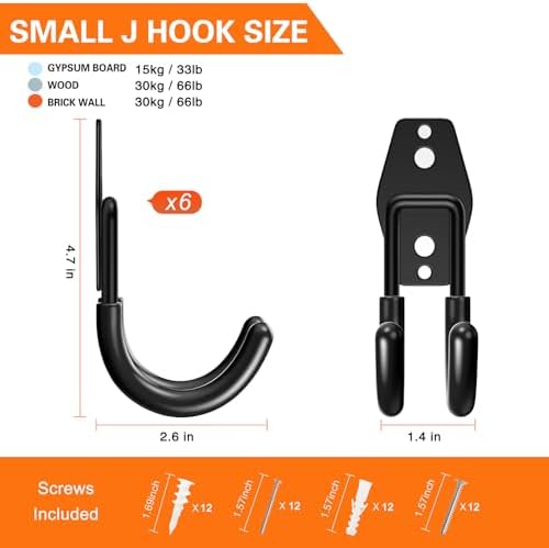 HUPBIPY Heavy Duty Garage Hooks 6 Pack, J Shaped Hanger, Wall Mounted Storage System, Power and Garden Tool Organizer, for Hanging Ladders, Bikes Tires, Hose, Bulk Items - Image 2