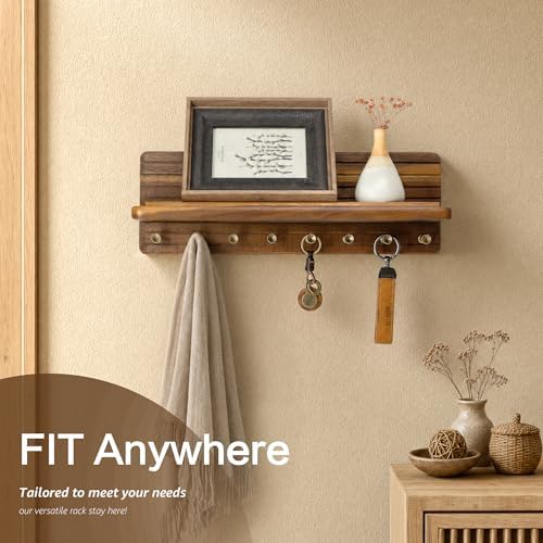 Rebee Vision Acacia Wood Key Holder Wall Mount with Shelf Home Decor, Brown - Image 5