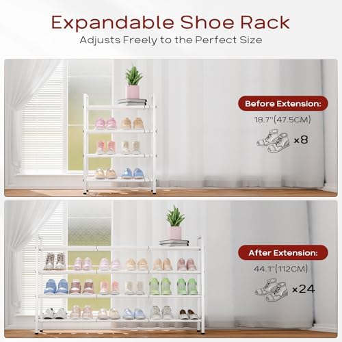 Bumusty 4 Tier Long Expandable Shoe Rack for Closet, White - Image 5
