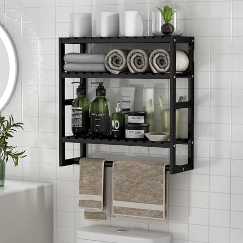 PPN Towel Rack Bathroom Storage Shelves Over The Toilet with Towel Bar 100% Bamboo Adjustable Height Floating Shelf Wall Shower Shelf for Small Space Bathroom Kitchen Multi Usage (Black-1Pack) by PPN