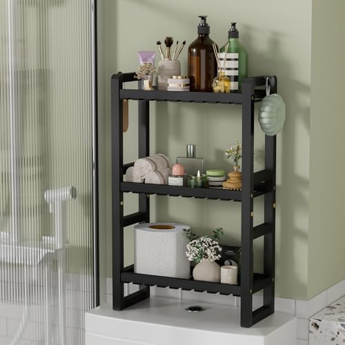 AmazerBath Bamboo Over The Toilet Storage Shelf - 3-Tier Bathroom Organizers and Storage Shelves, 2 in 1 Dual Stable Above Over Toilet Bamboo Shelf Home Storages Rack for Small Bathroom, Black by AmazerBath