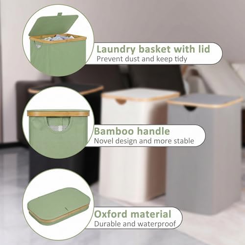 iEGrow 65L Slim Laundry Hamper, Narrow Laundry Basket with Lid,Foldable Clothes Hamper with Bamboo Frame,Hamper Basket with Removable Inner Bag for Laundry Room Bedroom College Dorm,17.17 Gals Green - Image 5