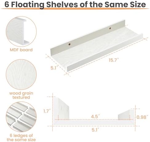 upsimples Floating Shelves for Wall, Wall Shelves for Decor Storage Set of 6, Wall Mounted Wood Shelf for Bedroom, Living Room, Bathroom, Kitchen, Picture Ledge Shelf, White (Pack of 2) - Image 3