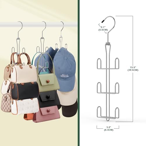 Purse Hanger Purse Organizer for Closet,Rotatable Metal Bag Organizer,Purse Holder for Handbags,Belts,Scarves,Tote,Baseball Hats,Backpacks(Silver) - Image 7