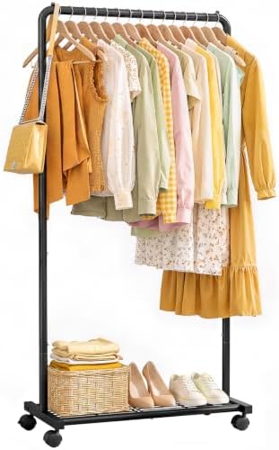 Sakugi Clothes Rack - Clothing Rack with Storage Mesh Shelf & Casters, Heavy-Duty Metal Clothing Rack for Hanging Clothes, Dresses, Coats, Large Load Capacity, Easy Assembly, Black, 28.0"x16.9"x59.0" by Sakugi
