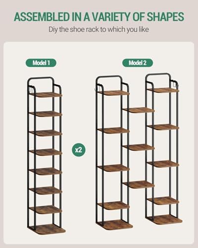 Hzuaneri 8 Tiers Vertical Shoe Rack, Narrow Shoe Tower, Tall Shoes Shelf with 2 Hooks, Adjustable Shelves, Corner Shoes Shelves for Small Spaces, Entryway, Living Room, Rustic Brown SR04301B - Image 5