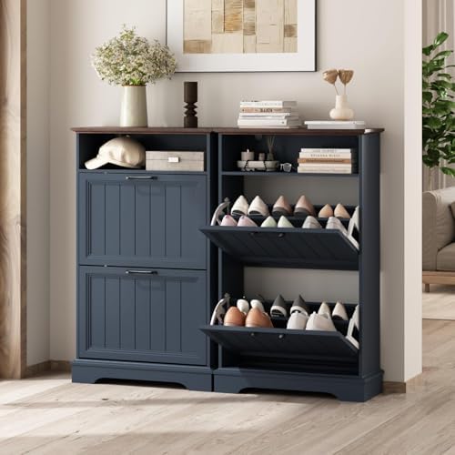 24" W Hidden Shoe Storage Cabinet with 2 Flip Drawers & Open Storage - Image 6