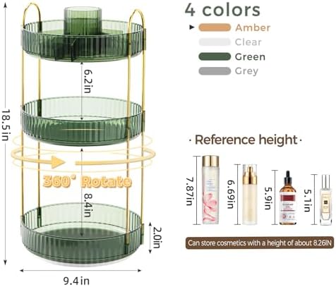 360° Rotating Makeup Organizer, Upgraded 3 Tier Skincare Perfume Organizers for Women, Bathroom Organizer Countertop, Clear Cosmetic Dresser Organizer with Makeup Brush Holder, Sink&Counter (Green) - Image 2