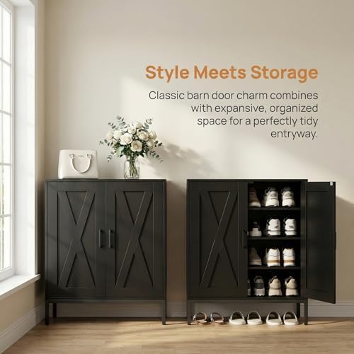 Homleke Farmhouse Shoe Cabinet with 2 Barn Doors & Metal Legs - Image 3