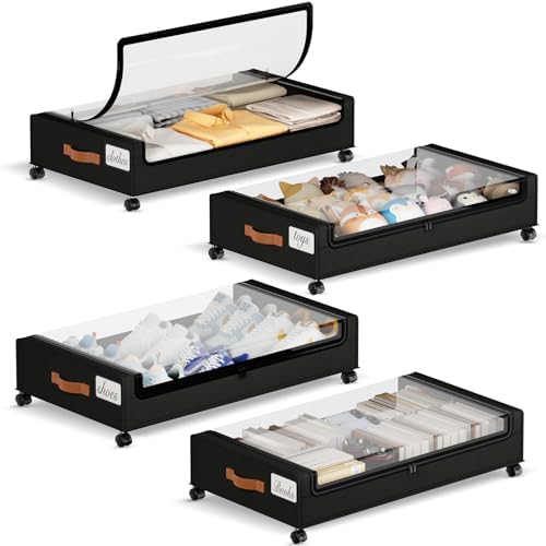 Yecaye 60L Under Bed Storage with Wheels, 4 Pack, Black | 360° Rolling Wheels, Clear Lids & Label, Reinforced Handle, Rolling Metal Drawers for Clothes, Blankets, Shoes in Bedroom by Yecaye