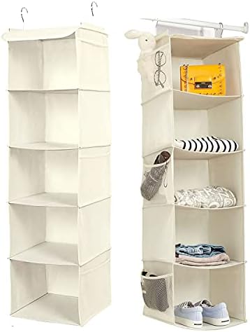BrilliantJo 5 Shelves Hanging Closet Organizer, 2 Pack Hanging Storage with 6 Side Pockets for Clothes Shoes, 43"x12"x12"(Beige) by BrilliantJo