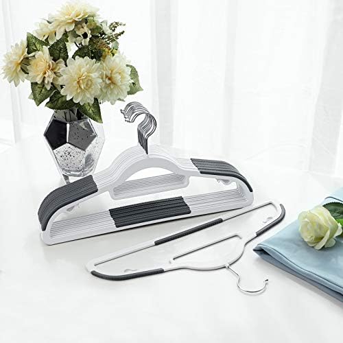 SONGMICS Pack of 30 Coat Hangers, Space-Saving Plastic Clothes Hangers | Non-Slip, 0.2 Inches Slim, 16.5 Inches Wide, 360° Swivel Silver Hook, White and Dark Gray, UCRP20WG30 - Image 2