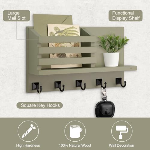 Key Holder Wall Mount, Mail Organizer for Wall with 5 Square Key Hooks - Image 2