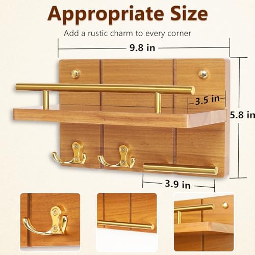 9.8” Solid Teak Wood Key Holder Wall Mount with Shelf and Hooks - Image 4
