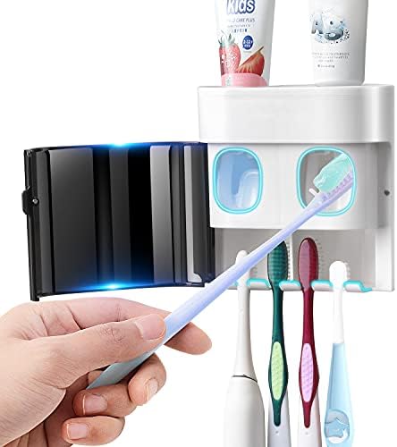 GFWARE Toothbrush Holder Toothpaste Dispenser Wall Mounted with Cover, 4 Slots Tooth Brush Storage Organizer with Automatic Kids Toothpaste Squeezers for Shower Bathroom Black by GFWARE