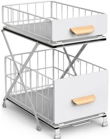 Pull Out Under Sink Organizer with Sliding Shelves, Adjustable Height (12.6–15.4"), 2 Tier Under Cabinet Storage Rack, Foldable Kitchen Sink Organizer for Bathroom and Kitchen Storage, White by Unknown