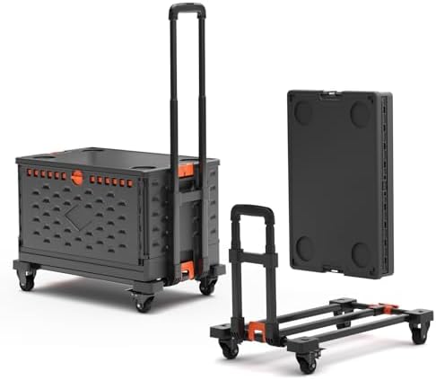2 in 1 Folding Hand Truck Dolly Cart with Basket Collapsible Portable Hand Truck 330LBS Capacity, Telescoping Handle, Heavy Duty Utility Cart Lightweight & Compact for Easy Transport & Storage, Black by Vathingood