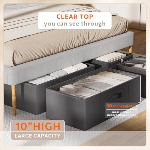 10inch 3 Pack Under Bed Storage Containers, 10 Inch Tall Underbed Clothes Storage Organizer Bin with Clear Window，Foldable Box Basket for Clothes, Closet, Bed Sheets and Blankets Black - Image 3