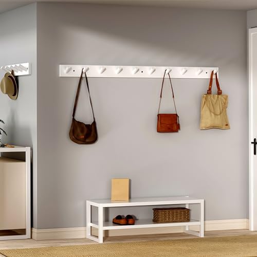 SKOLOO Wall Mounted Coat Rack 38", 10 Hooks, Bamboo, Shaker Style, White - Image 3