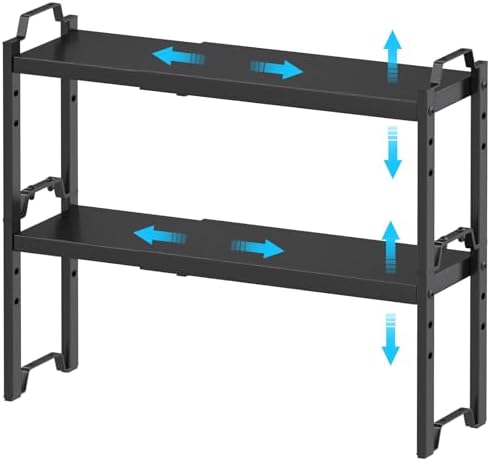 Narrow Expandable Cabinet Shelf Organizer 5.51" Width, Kitchen Counter Storage Shelves Spice Racks, Small Cupboard Countertop Tabletop Shelves Organizers, Expandable Adjustable Stackable, Load 30LBS by X-cosrack