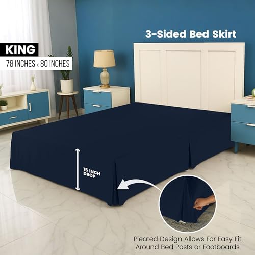 King Bed Skirt, Hides Under-Bed Storage 16 Inch Drop, Pleated, Navy - Image 2