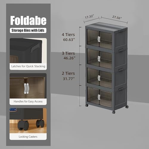 Collapsible Storage Bins with Lids and Front Doors, Heavy-Duty Stackable Plastic Organizers, Folding Utility Storage Boxes for Garage, Office, Pantry and Home (4, Dark Grey, 30 Gal/Rack) - Image 2