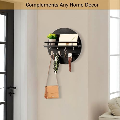 dreampossible Key Holder for Wall Decorative with Shelf and Hooks, Mail Organizer Wall Mount, Circular Design Entryway Key Rack Hanger, Rustic Home Decor (Black) - Image 3