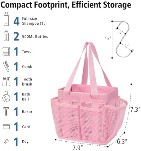 F-color Mesh Shower Caddy Portable - Stand Up 8 Pockets for Dorm, Pink - Image 6