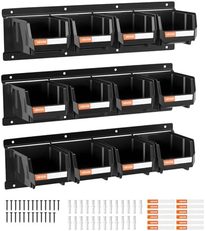 VEVOR Wall Mounted Storage Bins, 12 Plastic Bins & 3 Metal Rails, Plastic Hanging Stackable Storage Bin for Screws, Nuts, Bolts, Nails, Hardware Tool Organizer for Workshop, Craft Room, Garage, Black by VEVOR