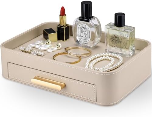 GORESE Valet Jewelry Tray Nightstand Organizer with Drawer, PU Leather Perfume Tray Trinket Trays for Vanity Bathroom Entryway, Catchall Trays for Key Purse Watch Cologne, Gift for Women Men, Beige by GORESE