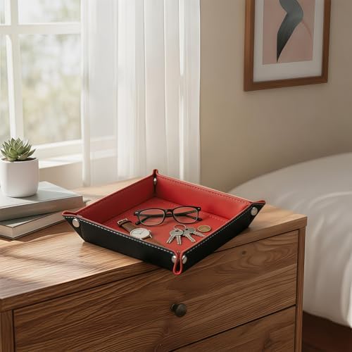 Valet Tray Desktop Storage Organizer – Vegan Leather Catchall Tray Bedside Vanity Tray Nightstand Caddy Holder for Remote Controller, Watch, Keys, Phone, Wallet, Coin, Jewelry, Red - Image 6