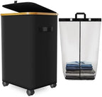 Laundry Hamper with Wheels,20 Gal (75L) Laundry Basket with lid Rolling Clothes Hamper Foldable Dirty Clothes Basket on wheels with Bamboo Frame and Bag for Bedroom, Dorm, Laundry Room-Black by Wuevu