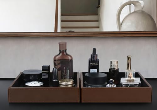 HofferRuffer Faux Leather Vanity Tray, Elegant Desktop Storage Organizer, Decorative Catchall for Perfume, Bathroom Valet, Nightstand or Dresser, 8 x 8 x 1.8 inches (Brown) - Image 3
