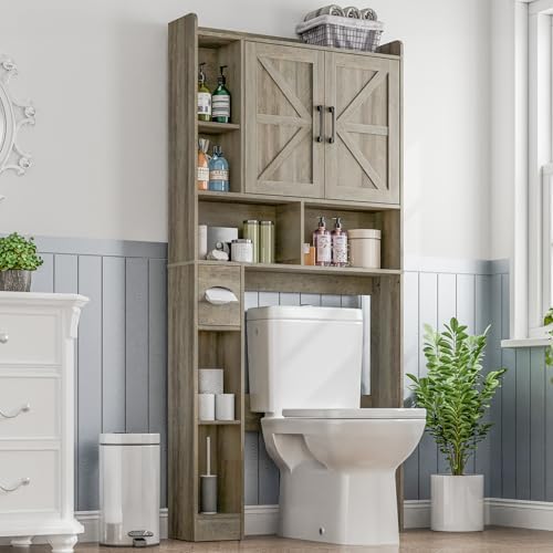 Vabches Over The Toilet Storage Cabinet with 2 Barn Doors, Grey - Image 7