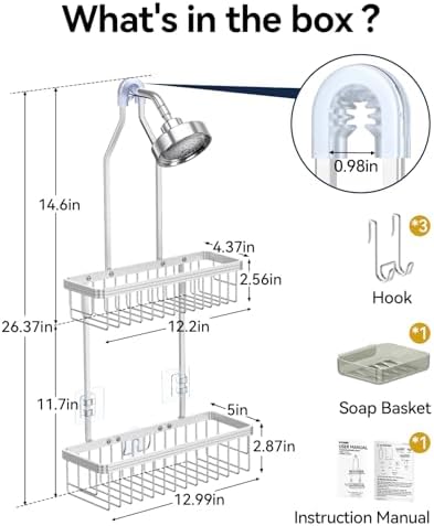 YASONIC Never Rust Shower Caddy Hanging, Aluminum Shower Racks for Inside Shower, 2-Tier Shower Organizer Hanging Over Shower Head with Hooks and Soap Holder, Silver - Image 2