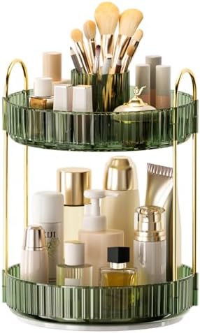 360° Rotating Makeup Organizer, Upgraded 2 Tier Skincare Perfume Organizers for Women, Bathroom Organizer Countertop, Clear Cosmetic Dresser Organizer with Makeup Brush Holder, Sink&Counter (Green) by Homelifeassistant