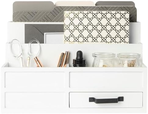 BLU MONACO | White Desktop Organizer with Drawer Storage | Tabletop Organizer with Drawers for Paper Bills Mail | Wooden Mail Organizer for Countertop Workspace by Blu_Monaco
