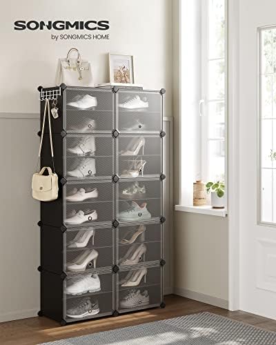 SONGMICS Shoe Rack, 10-Tier with Doors, 40-Pair Storage Cabinet | Shoe Organizer, Steel Frame, Plastic Panel, Bedroom, Entryway, Ink Black and Transparent, DAMION Collection ULPC035B01 - Image 2